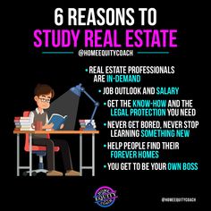 a man sitting at a desk with a book in front of him and the words 6 reasons to study real estate