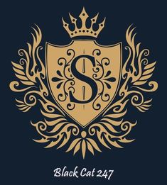 the black cat 247 logo on a dark blue background with gold leaves and a crown