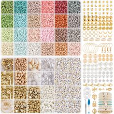 various types of beads and accessories for making beaded bracelets, necklaces and earrings