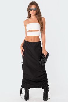 Maxi skirt Side drawstring details Drawstring waist Slit detail Nylon Model wears size S Model height is 5'8 Item care: Wash with similar color Sheer Crop Top, Tube Skirt, Swimwear Dress, Top Cropped, Cut Out Design, Sequin Top, Knitted Tank Top, New Wardrobe, S Models