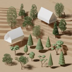 an aerial view of trees, bushes and houses in the desert with shadows on the ground