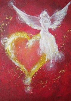 a painting of an angel holding a heart with gold splatters on the side