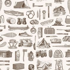 an image of camping related items in black and white colors on a wallpaper background