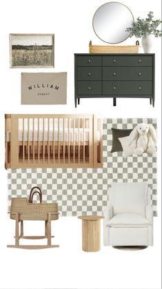 a baby's room with checkered walls and furniture