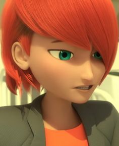 an animated woman with red hair and green eyes