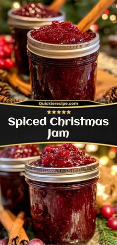 two jars filled with jam sitting on top of a wooden table next to christmas decorations