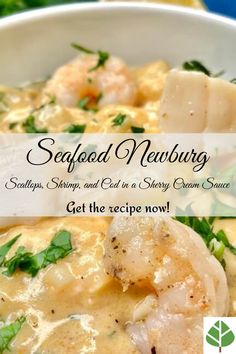 Seafood Newburg Recipe (Scallops, Shrimp, and Cod in a Sherry Cream Sauce) Easy Seafood Crockpot Recipes, Seafood Gratin Recipe, Seafood Newburg Recipe Puff Pastries, Newburg Sauce Recipe, Seafood Cream Sauce Recipes, Seafood Newburg Recipe Easy, Seafood Ideas For Christmas, Seafood Imperial Recipes, Light Seafood Recipes