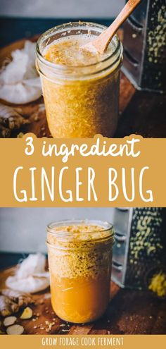 two jars filled with ginger butter on top of a wooden cutting board and the words, 3 ingredient ginger bug