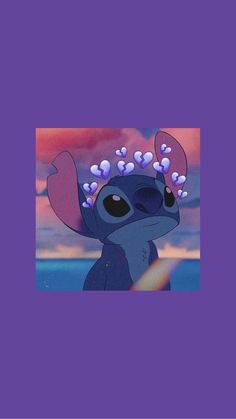 an image of stitch from the movie stitch with flowers on her head and ears, in front of a purple background