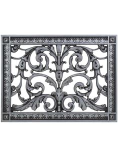 an ornate metal grille with scrolls and flowers on the outside, is shown in grey