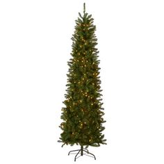 a tall artificial christmas tree with lights on it's top and bottom branches in the shape