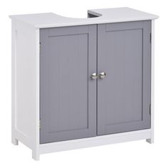 a grey and white cabinet with two doors