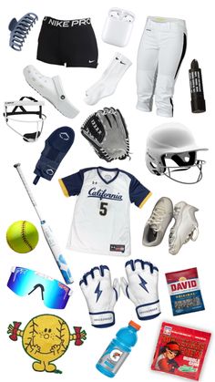 various sports items are arranged on a white background