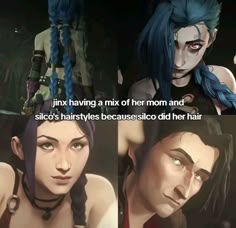 two pictures of an animated woman with blue hair and text that reads, i think having a mix of her mom and sister's hairstyles because she also did her hair