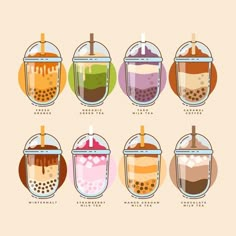 the different types of drinks are shown in this graphic art printable version, which includes iced teas and smoothies