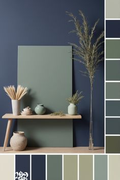 the color scheme is blue and green, with some white vases on a shelf