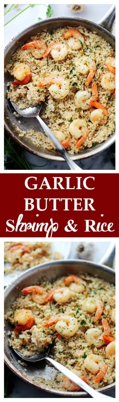 garlic butter shrimp and rice in a skillet with two pictures showing the same side