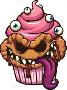 a cartoon cupcake with eyes and teeth