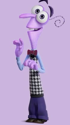 an animated character is standing in front of a purple background and pointing to the side