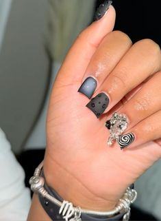 Black Duckies Nails, Short Nail With Design, Junk Nail Set, Junk Short Nails, Short Black Duck Nails, Short Black Nails With Charms, Black Junk Nails Short, Short Nail Sets Black Women, Short Duck Nails Black