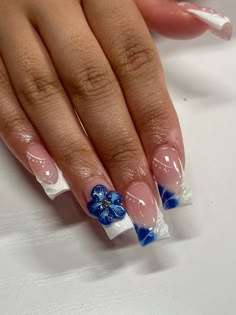 insta @imtznails Blue Flower On Nails, Blue Square Acrylic Nails With Rhinestones, White French Tips With Blue Flowers, Tropical Winter Nails, Square Nails Designs Short, Mexico Style Nails, Royal Blue Quince Nails Short, Cute Nail Designs Winter, Nails Acrylic Designs Blue