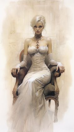 a painting of a woman in a white dress sitting on a chair with her hands behind her back