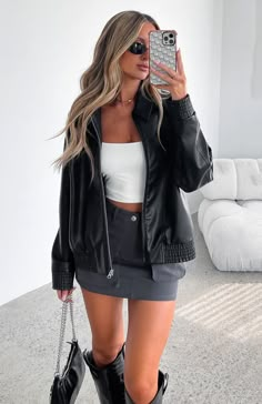 Make Things Right PU Bomber Jacket Black | White Fox Boutique USA Bar Outfits, Looks Pinterest, Estilo Indie, Skandinavian Fashion, Denim Outfits, Chique Outfits, Looks Party, Dinner Outfits