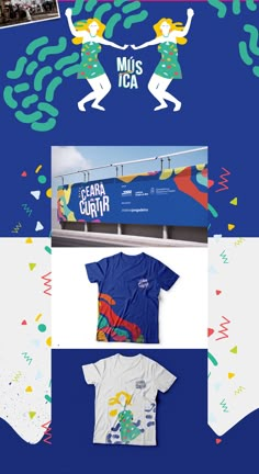 various t - shirts and other items are displayed on a blue background with colorful confetti