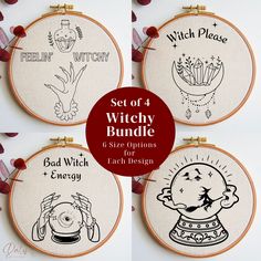 four embroidery hoops with different designs on them and the words set of 4, witchy bundle 6 sizes options each design