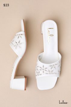 Make all your compliment-worthy looks even cuter with the addition of the Lulus Raquelle White Embroidered High Heel Slide Sandals! Smooth faux leather shapes these essential heels that feature a single sole silhouette, a trendy square toe, and a wide toe strap adorned with pierced, eyelet-inspired detailing and intricate floral embroidery. The sweet and simple slide-on design makes this the easiest choice for your favorite spring 'fits! 2" wrapped block heel. Cushioned insole. Rubber sole has n Spring Fits, Sandal Heels, The Sweet, Slide Sandals, Floral Embroidery, High Heel, Spring Fashion, Block Heels, Apparel Accessories