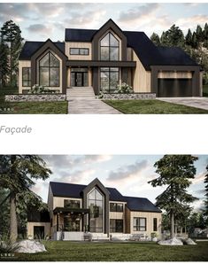 two renderings of a modern house with large windows and lots of grass in front of it