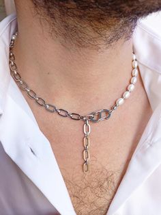 Mens pearl necklace,Real pearl beaded y2k choker,Pearl chain necklace,Everyday mens choker,Boyfriend gift ideas,Pearl chain y2k necklace men by JewelryByElis on Etsy Mens Choker, Choker Pearl, Necklace Everyday