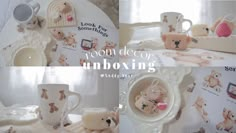 a collage of photos with teddy bears and other items in them, including mugs