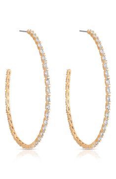 Dial up the drama and the sparkle all at once with these large hoop earrings traced all around with brilliant, marquise-shaped cubic zirconia. 2 1/2" hoop diameter Post back 18k-gold plate/cubic zirconia Imported Cubic Zirconia Hoop Earrings, Earrings In Gold, Large Hoop Earrings, The Drama, Keep Jewelry, Cubic Zirconia, 18k Gold, Gold Plate, Hoop Earrings