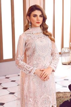 Asian net embroidered dress with pearls in pink color – Nameera by Farooq Unstitched Organza Dress With Sequins, Party Wear Salwar Kameez With Sequins, Embellished Net Dress For Eid, Party Wear Dresses With Dabka Work, Net Party Dress With Dabka Work, Unstitched Net Dress With Dabka Work, Designer Net Dress With Mirror Work, Festive Long Sleeve Net Dress, Party Salwar Kameez With Pearl Embroidery In Organza