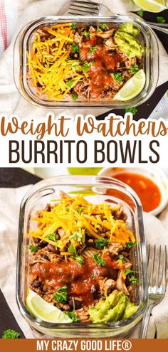 two glass dishes filled with burrito bowls and topped with shredded cheese