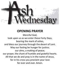 an open prayer with the words ash wednesday