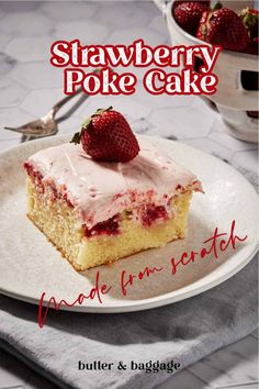 a piece of strawberry poke cake on a plate