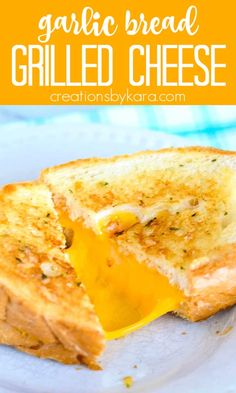 grilled cheese sandwich on a plate with the words garlic bread grilled cheese