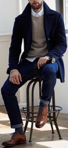 Mens Navy Shirt Outfit, Dark Blue Casual Outfit Men, Claccic Style Men, Mens Navy Blue Sweater Outfit, Blue Coat Mens Outfit, Mens Brogues Outfit, Navy Blue Overcoat Mens, Mens Navy Peacoat Outfits, Men’s Coat Style