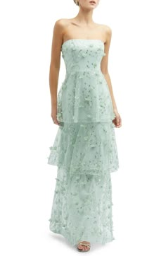 Dessy Collection Sequin Embroidered Strapless Tiered Gown | Nordstrom Tiered Gown For Prom Season, Tiered Evening Dress For Prom Season, Spring Evening Tiered Gown, Midi Gown, Tiered Gown, Dessy Collection, Floral Bustier, Bride Gown, Alfred Sung