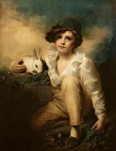 a painting of a young boy holding a rabbit