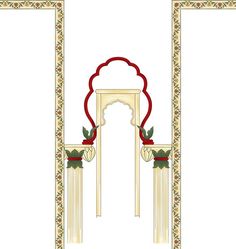 an arch with a red ribbon on the top and two columns below it, both decorated in gold