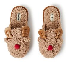 Celebrate the fun of the holiday season with this reindeer scuff slipper, featuring a bright red nose and antlers, cozy flannel lining, and an insole that keeps feet feeling relaxed all day. From Dearfoams.