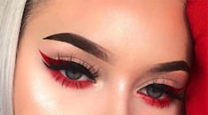 Red Winged Liner, #eyeshadowpalette, #makeup.eveer Red Wing Makeup Looks, Easy Red Eye Makeup Looks, Easy Red Makeup Looks, Devil Makeup Look Easy, Black Devil Makeup, Devil Makeup Halloween Easy, Avangard Makeup, Devil Makeup Halloween, Winged Liner Makeup