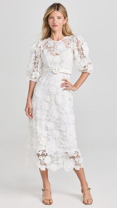 Zimmermann Halliday Lace Flower Dress | Shopbop Zimmermann White Lace Dress, Luxury White Lace Dress, Luxury Romantic Dress With Cutwork Hem, Fitted Lace Belted Dress, Belted Fitted Lace Dress, Fitted Lace Dress With Belt, Zimmermann Swimwear, Sleeve Lace Dress, Lace Flower