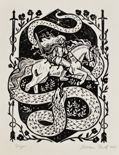 a black and white drawing of a woman on a horse with a snake around her