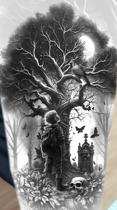 a man with a tattoo on his arm is standing in front of a tree and skull