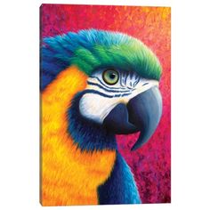 a painting of a colorful parrot with green, yellow and blue feathers on it's face