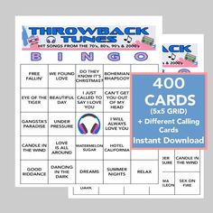 two printable game cards with the words,'throwback tunes'and an image of